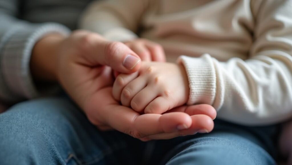 Tired parent gently hugs child.