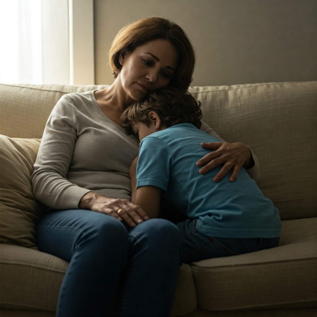 Weary parent offers gentle hand to child