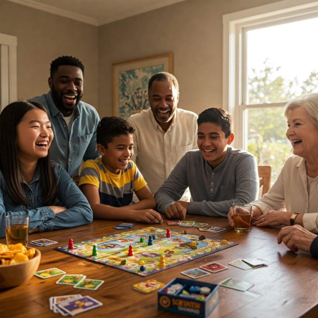 Family playing board game