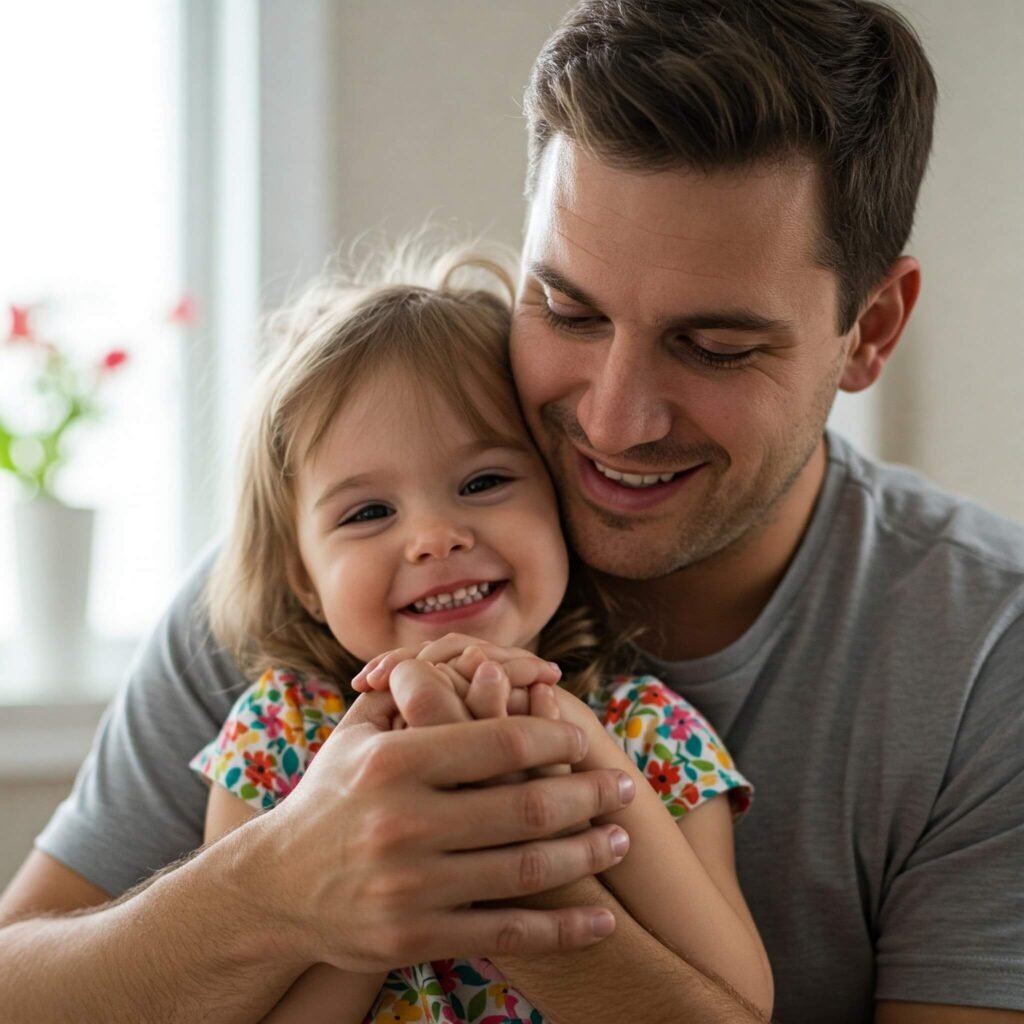 Single parent hugging child, showing love.