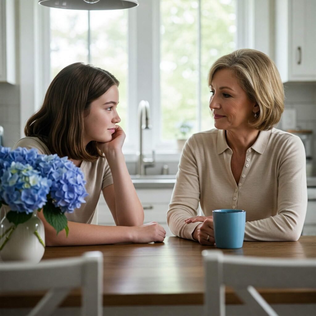Parent and teen in thoughtful kitchen conversation