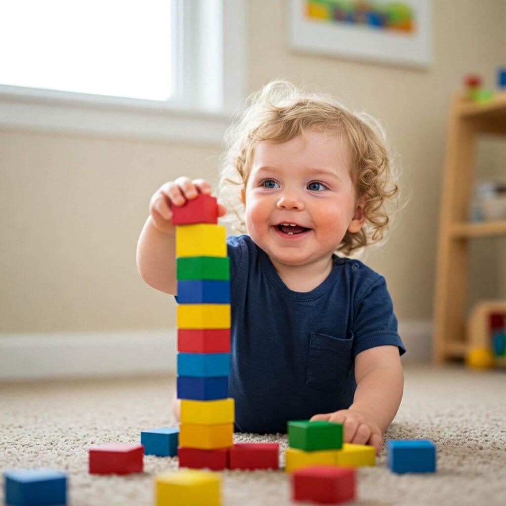 Cheerful toddler stacking colorful blocks