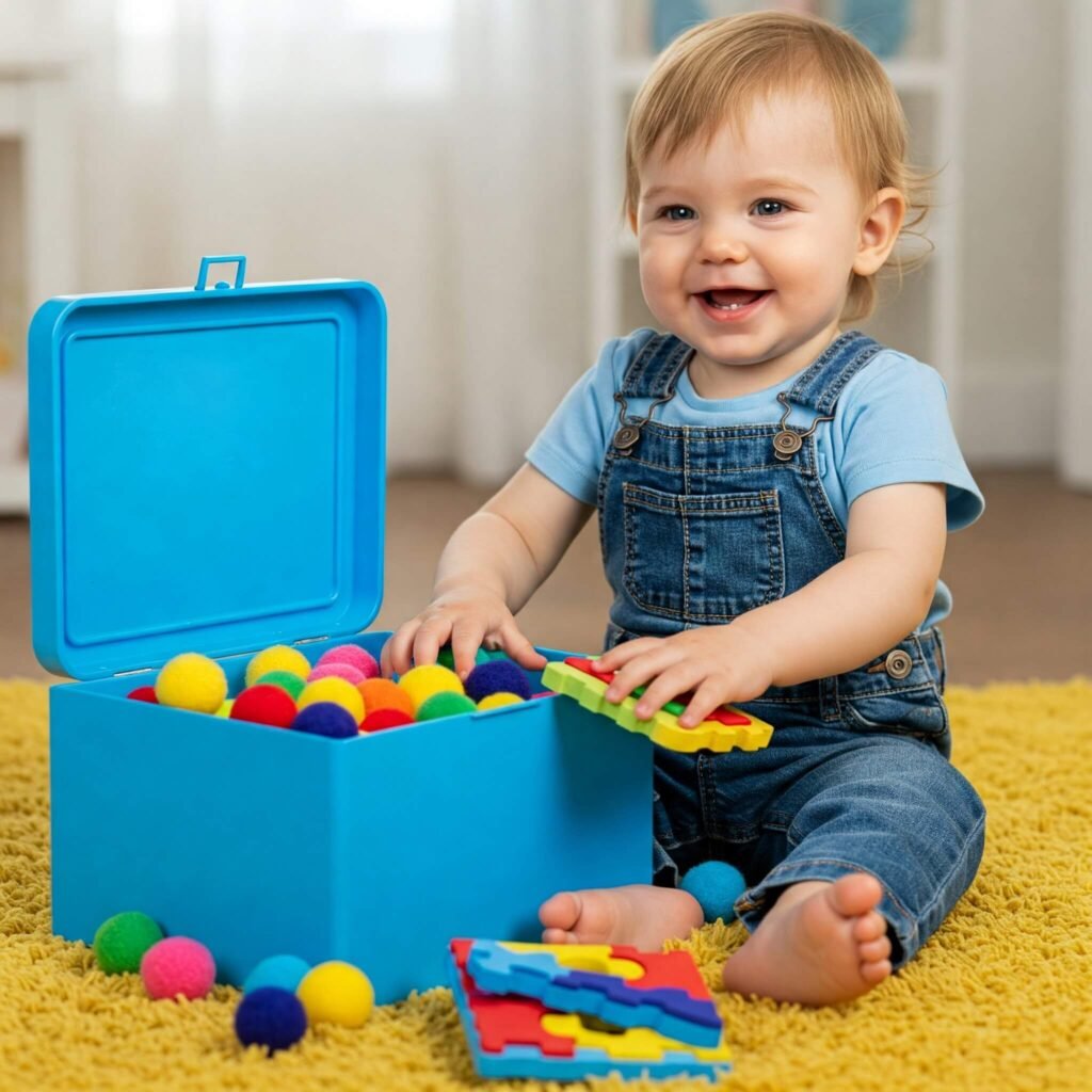 Cheerful toddler playing with colorful toys