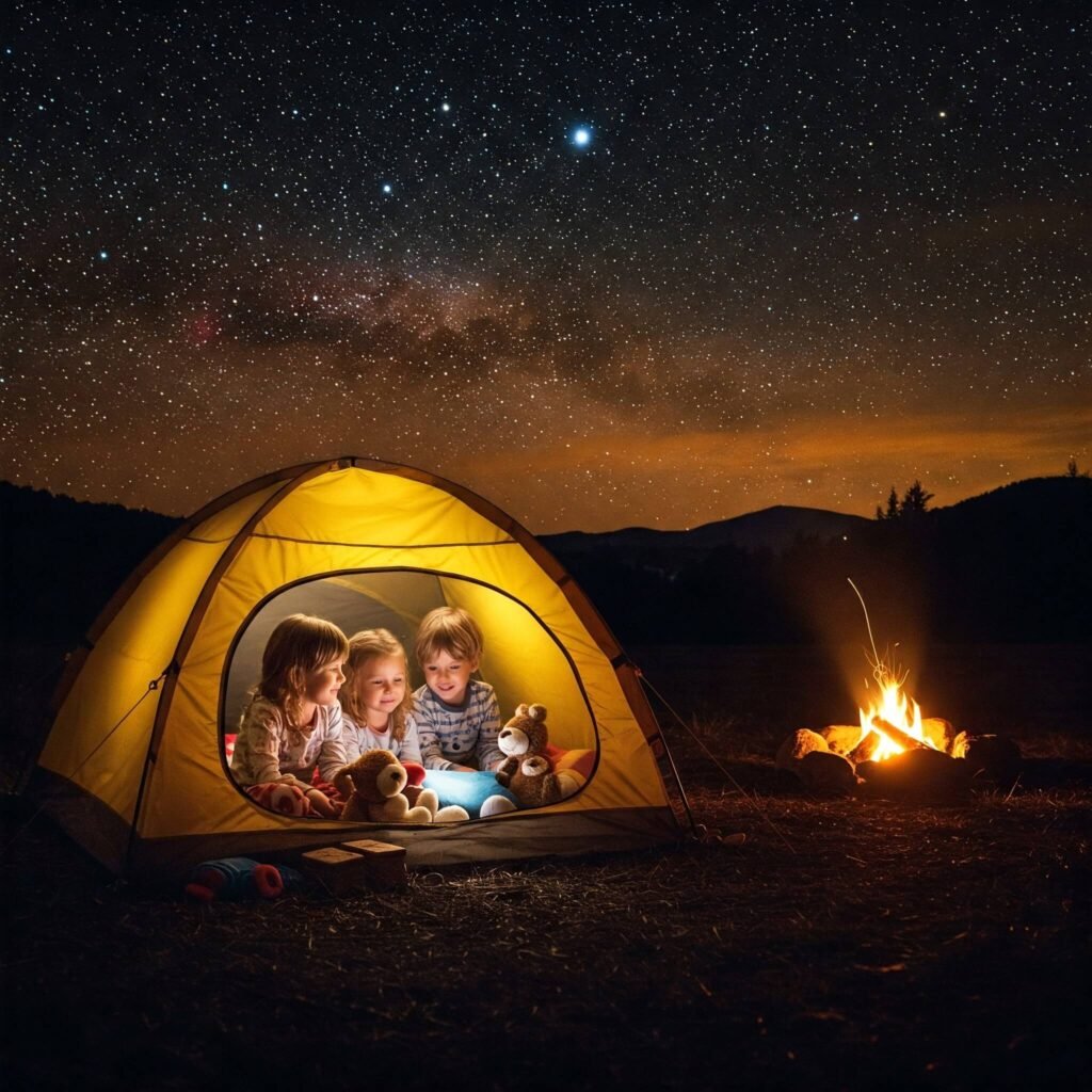 Kids camping in backyard under starry night sky