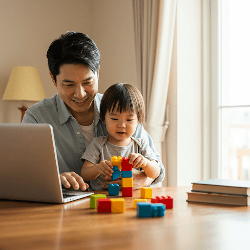 Parent and child with laptop in background