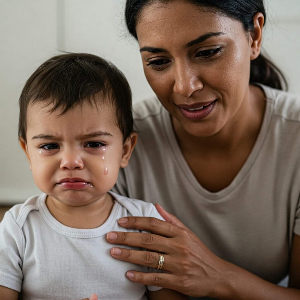 Parent comforting upset baby with gentle touch.