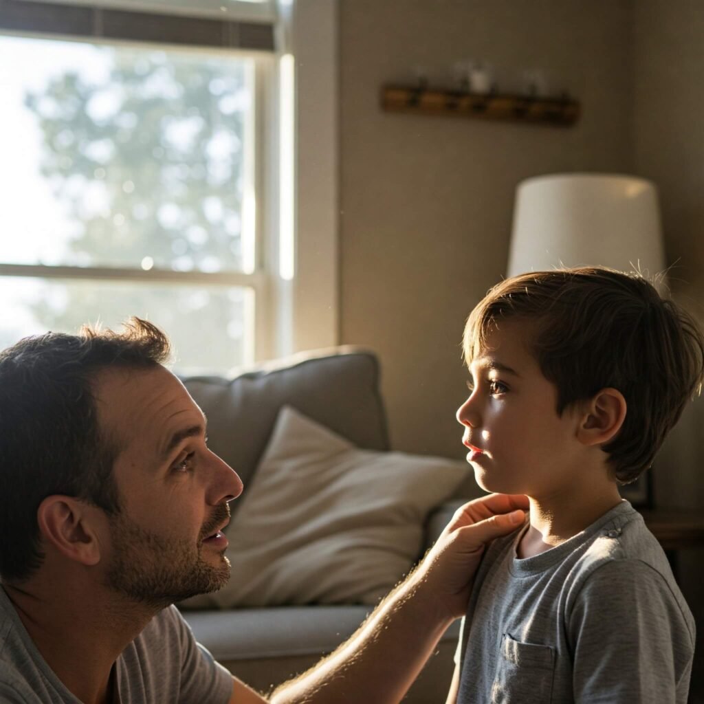 Parent calmly talking to child eye-level.