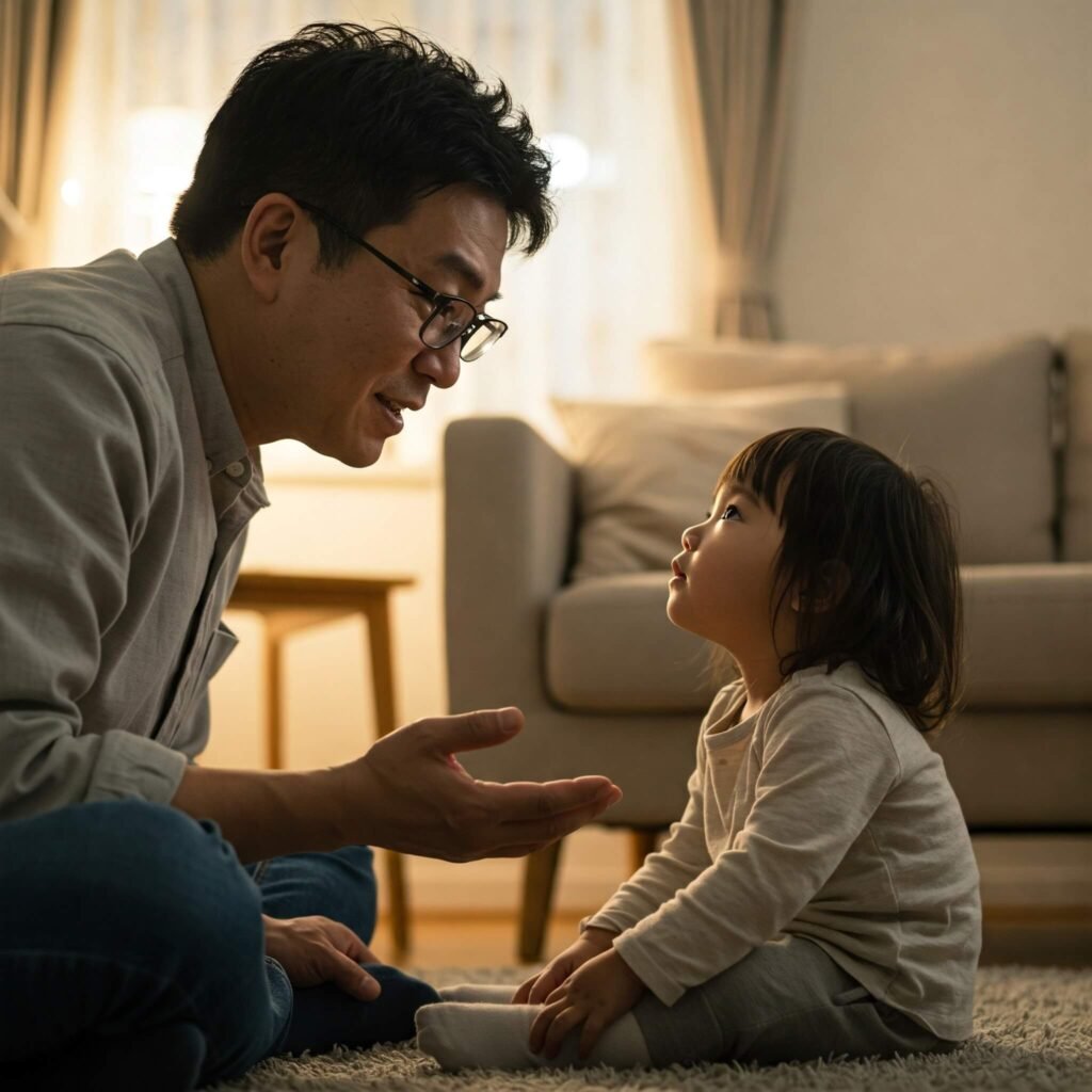 Parent calming child, supporting emotional regulation.