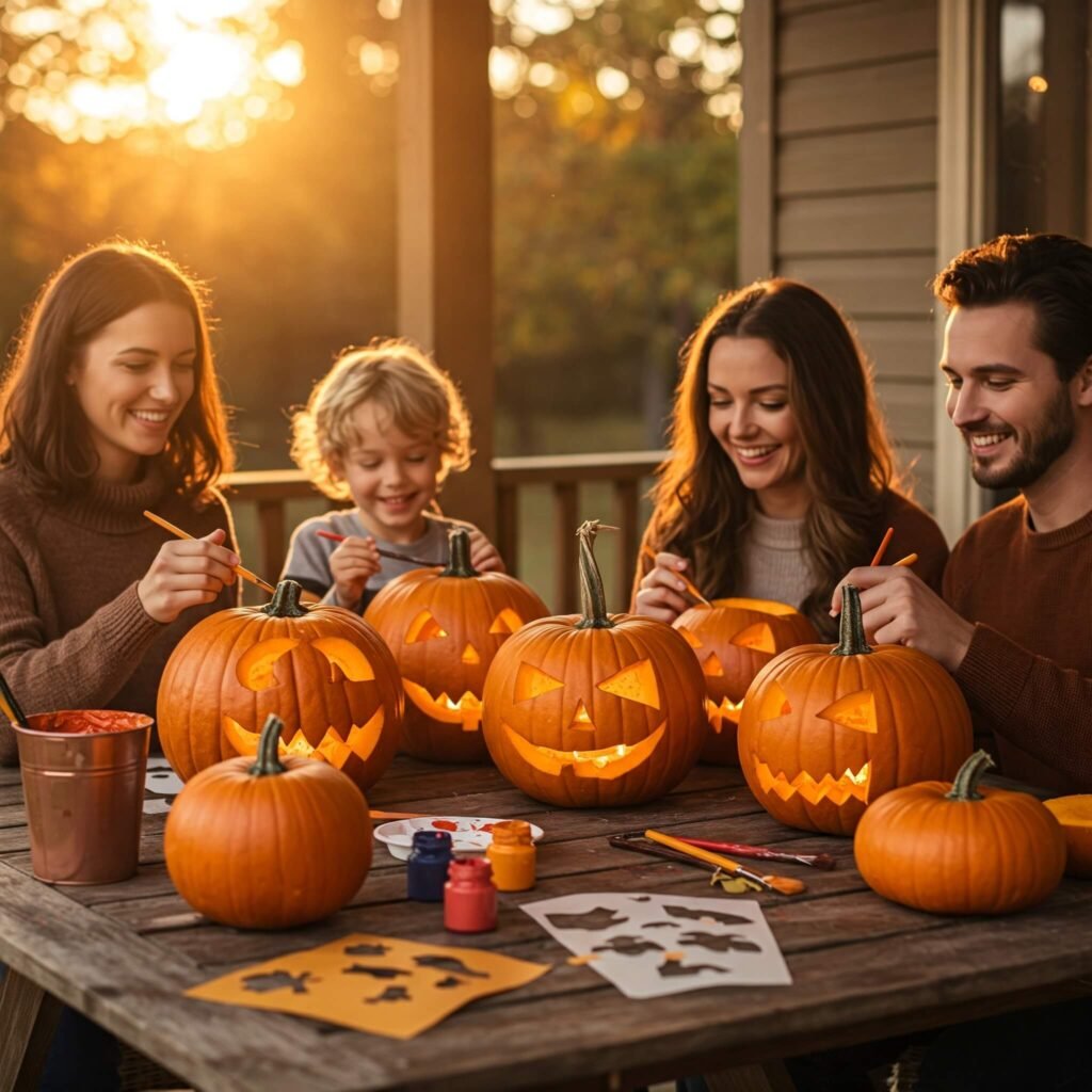Family carving pumpkins