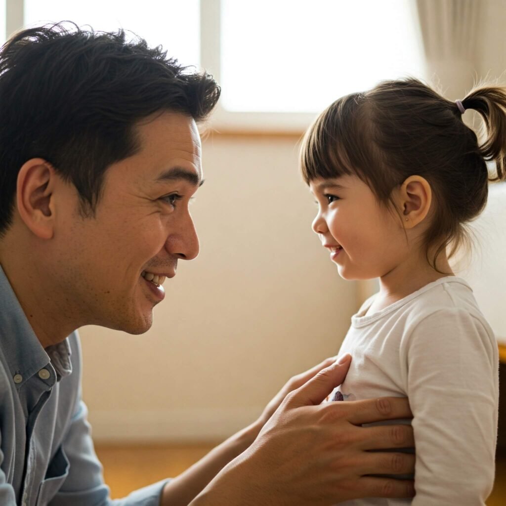 Calm parent talks to upset child