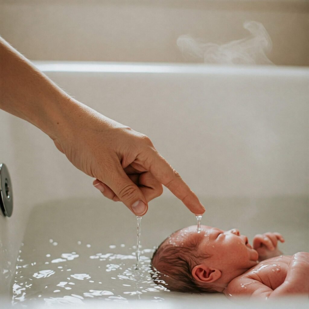 Hand checking newborn bathwater temperature