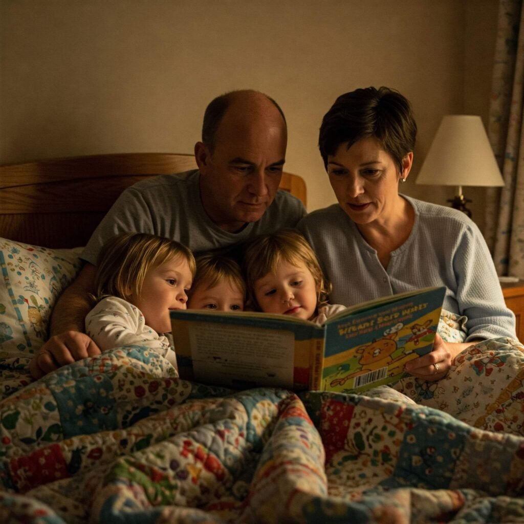 Mother reading a book to smiling children at bedtime