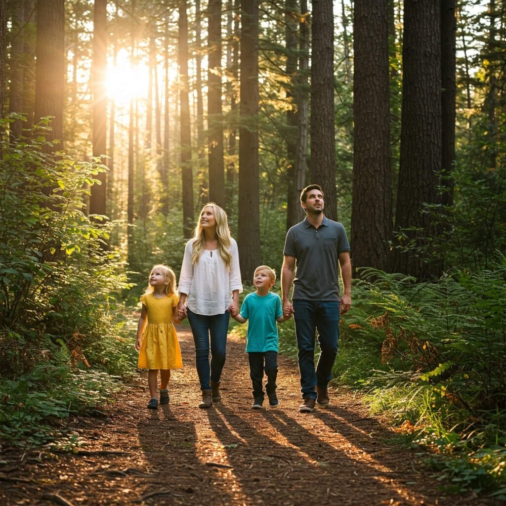 Family on forest trail.