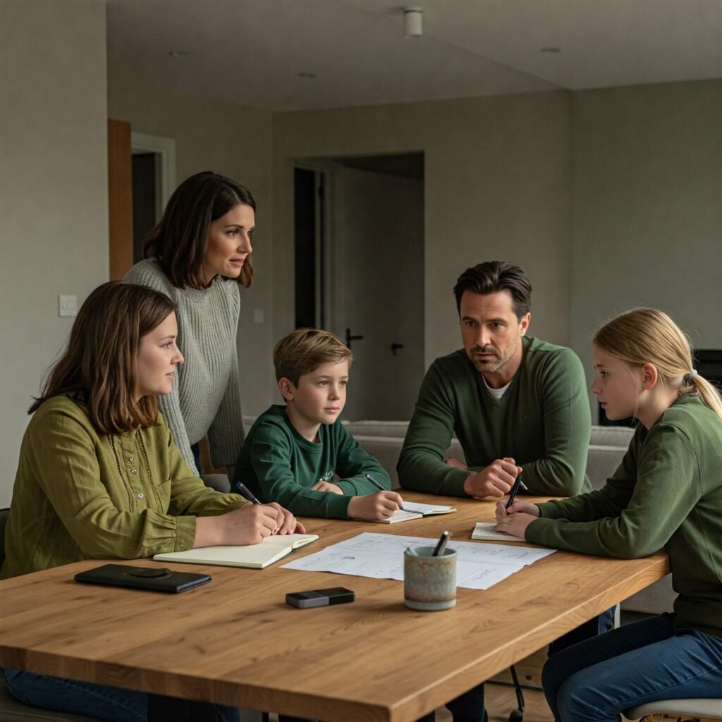 Family discussing rules in living room