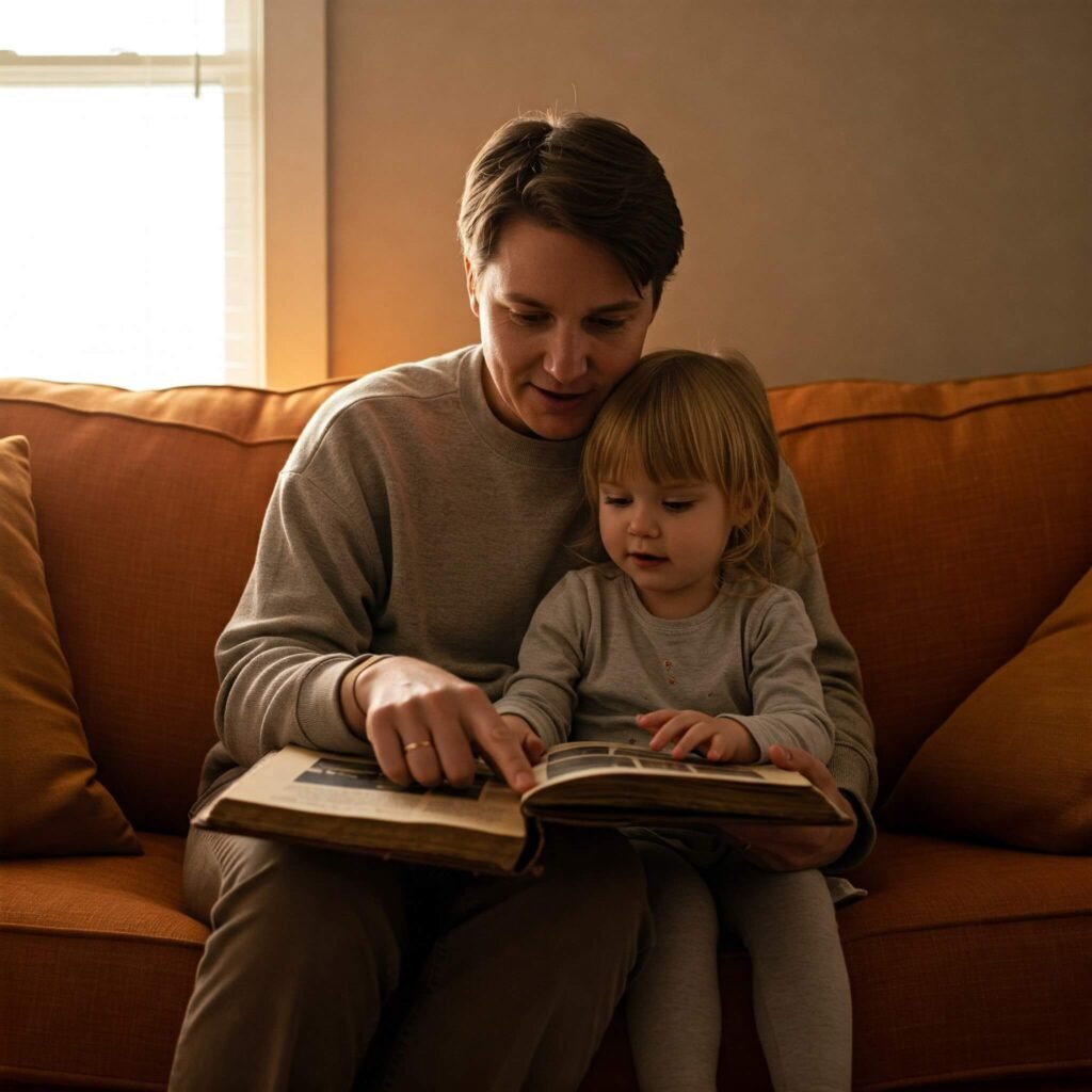 A parent and child on a couch