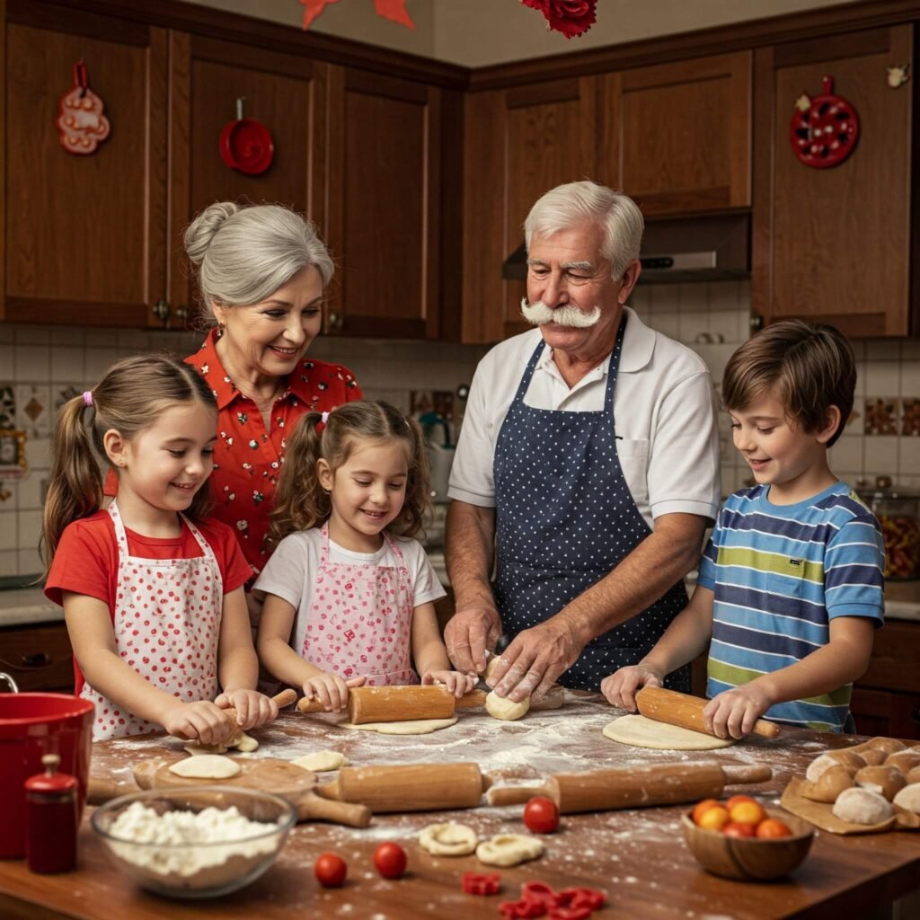 Family cooking together in vibrant kitchen