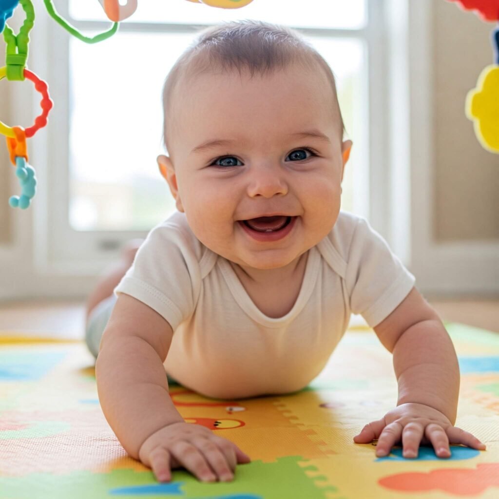 Smiling 6-month-old during tummy time