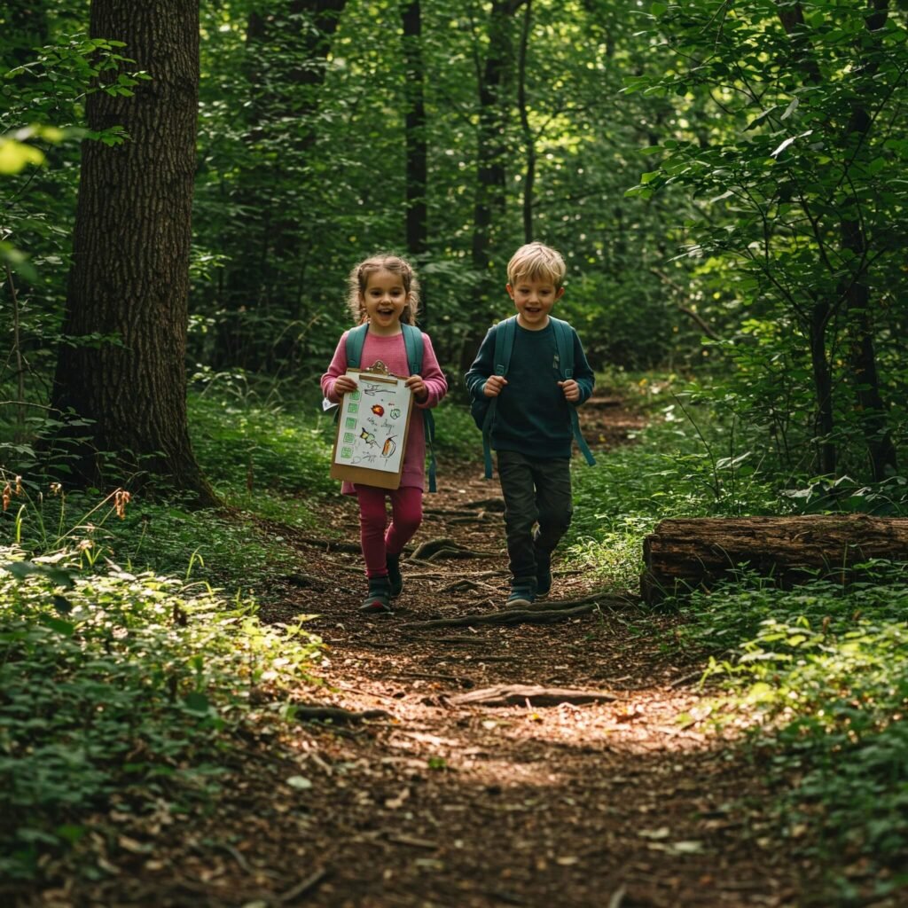 Kids on nature scavenger hunt in forest