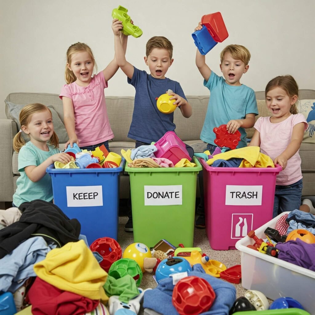 Kids playing cleaning game sorting toys