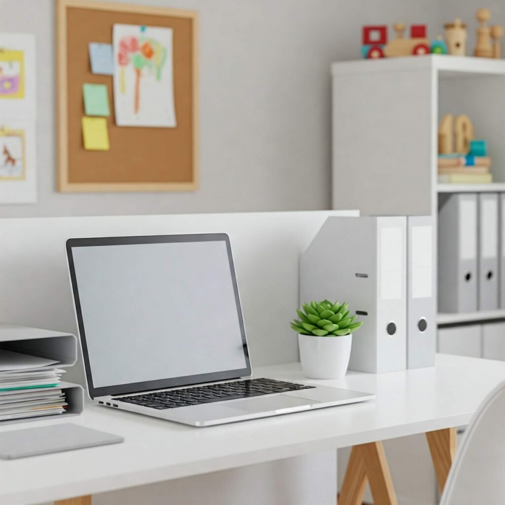 Organized home workspace with family hint