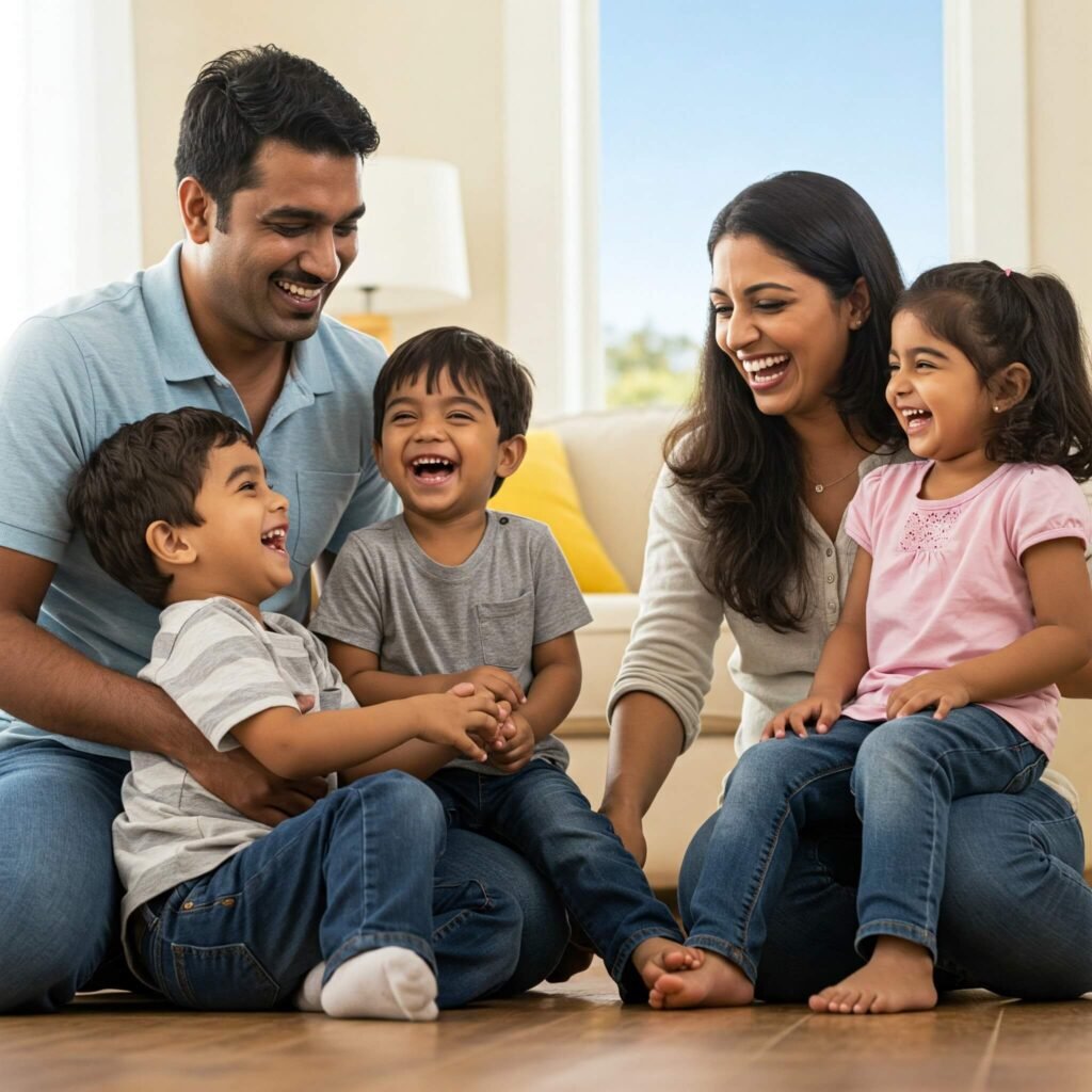 Happy family embracing gentle parenting.