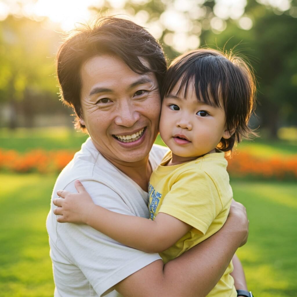 Happy parent and child hugging after discipline.