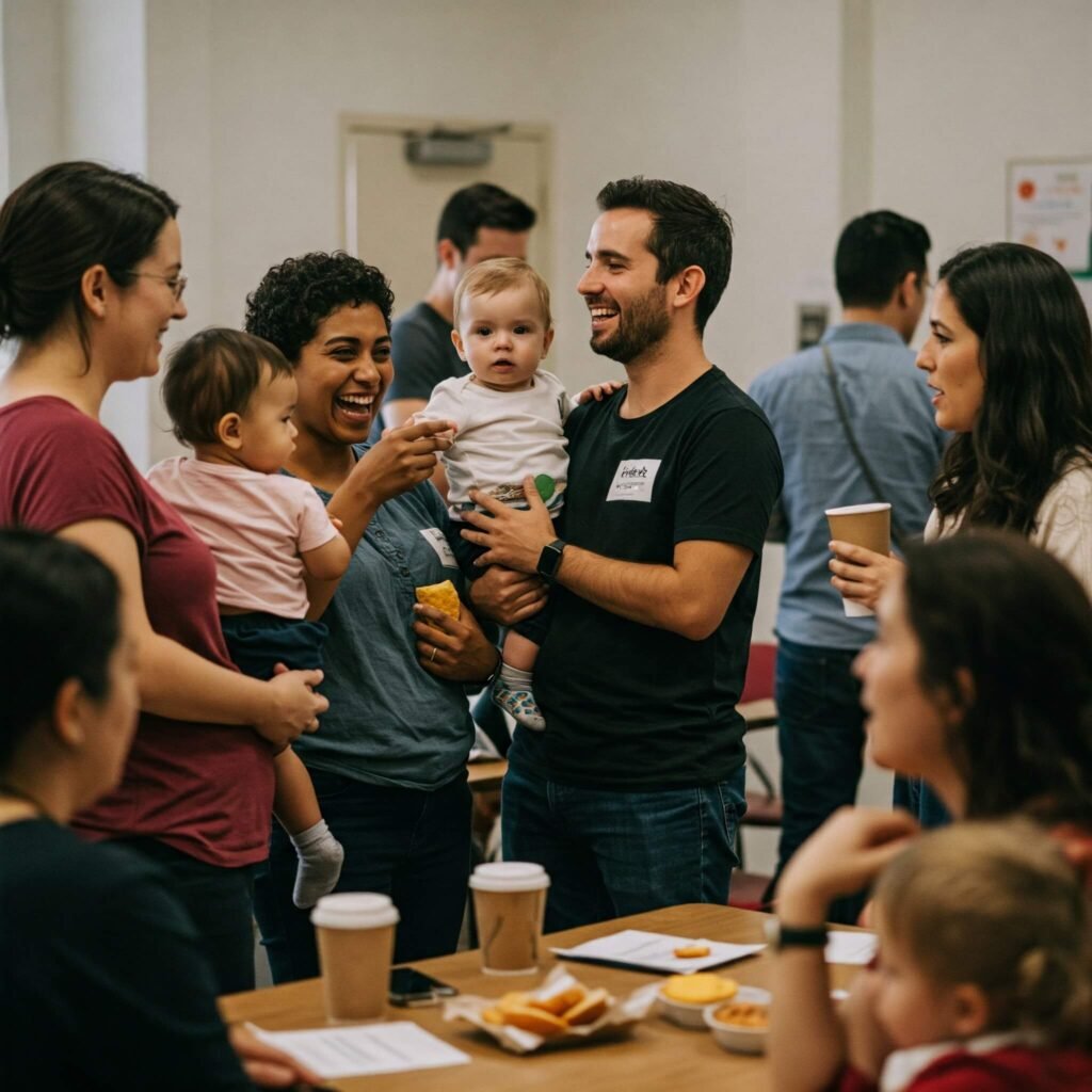 Group of parents socializing at parenting support meetup
