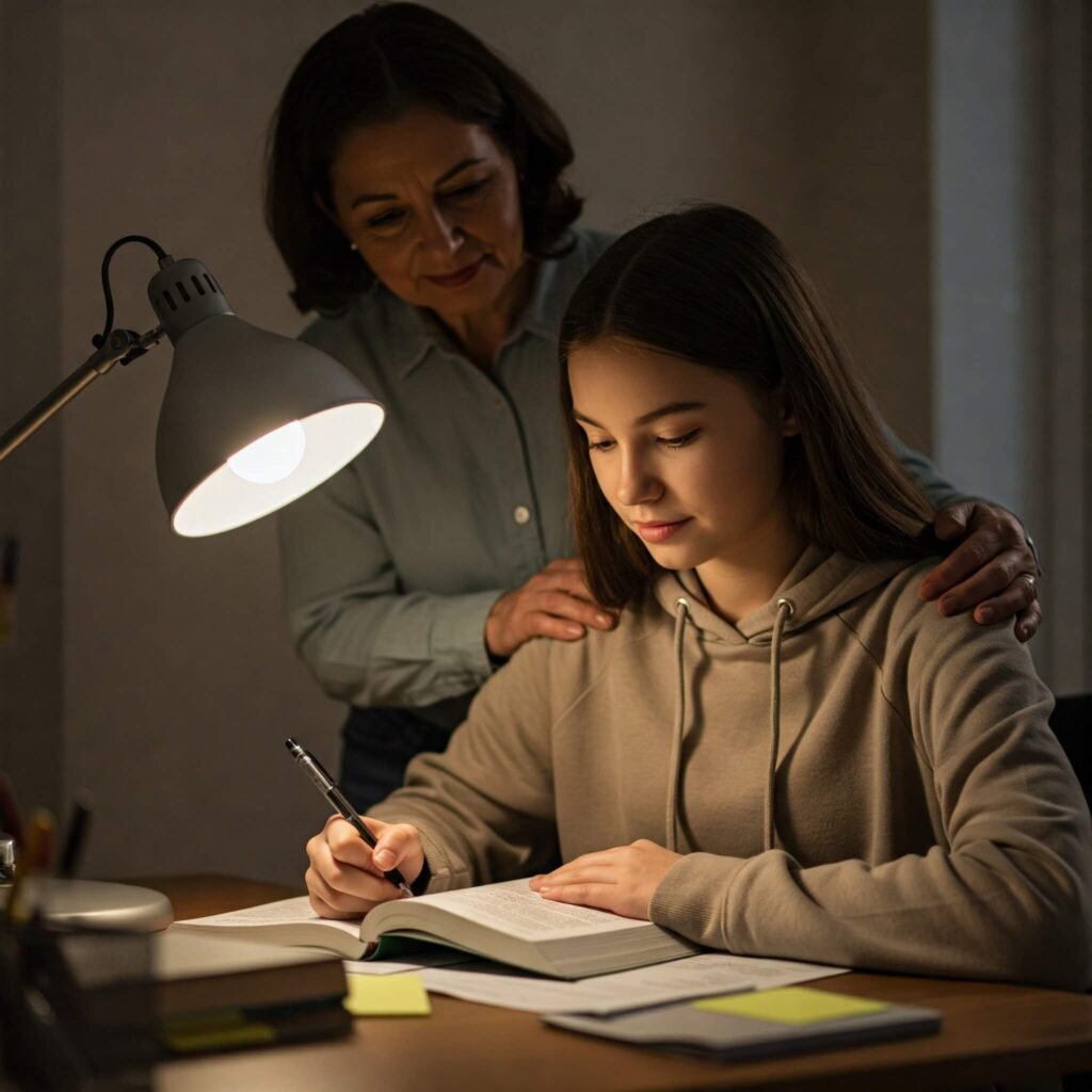 Parent helping teenager with homework