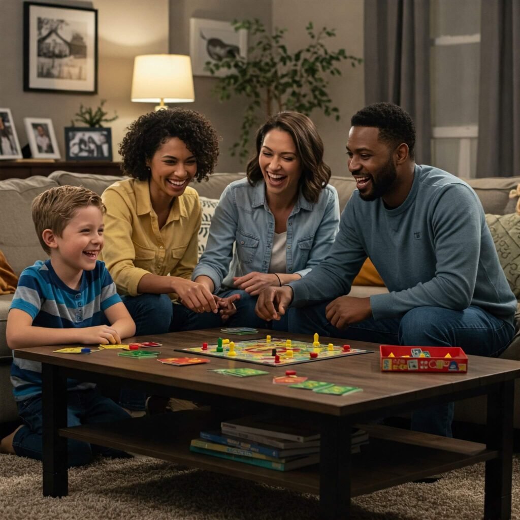 Family playing board game.