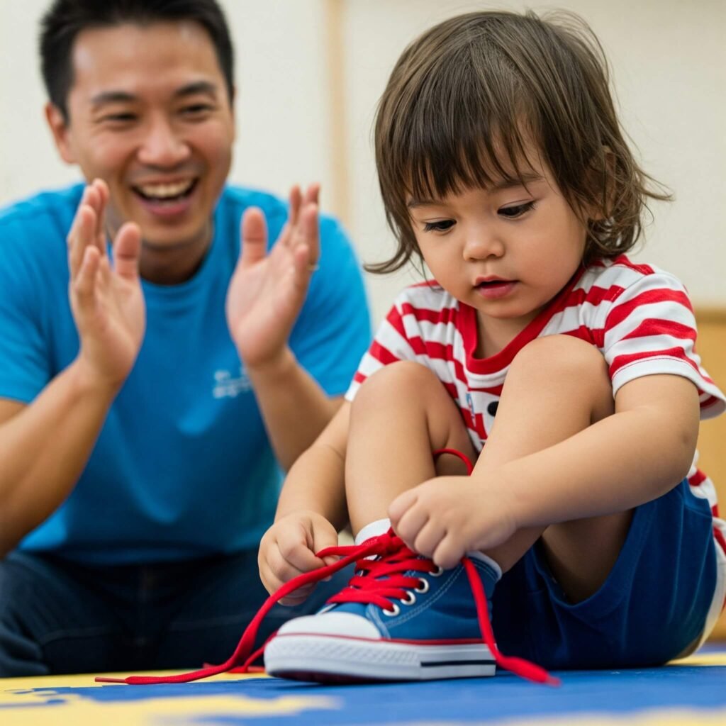 A child tying shoes