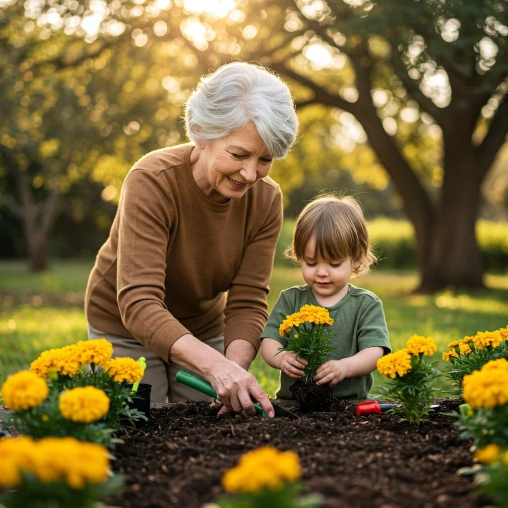Grandparent and child gardening