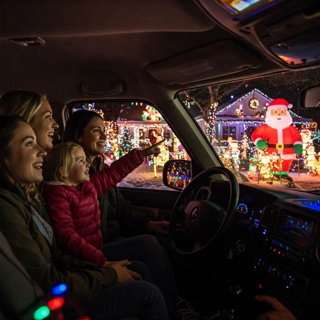 Family on a holiday lights tour