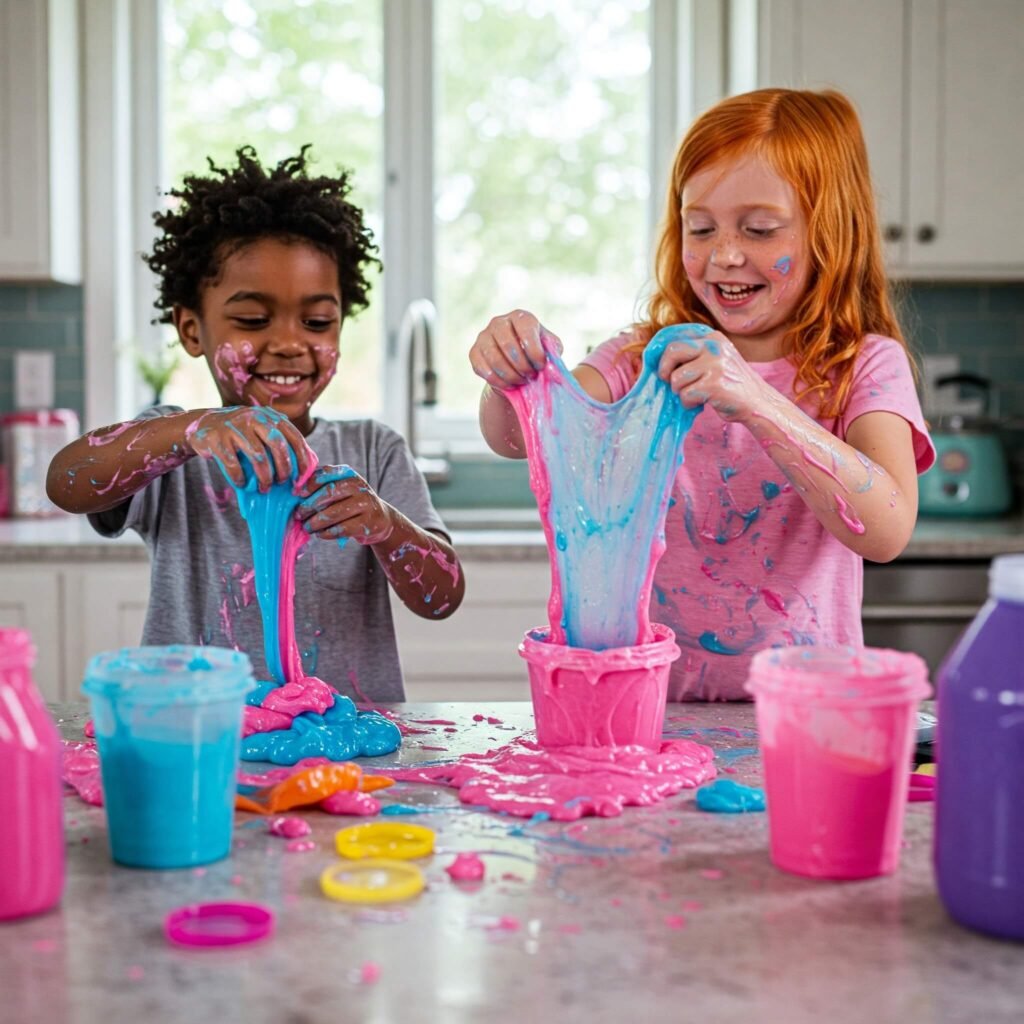 Kids making colorful slime in kitchen
