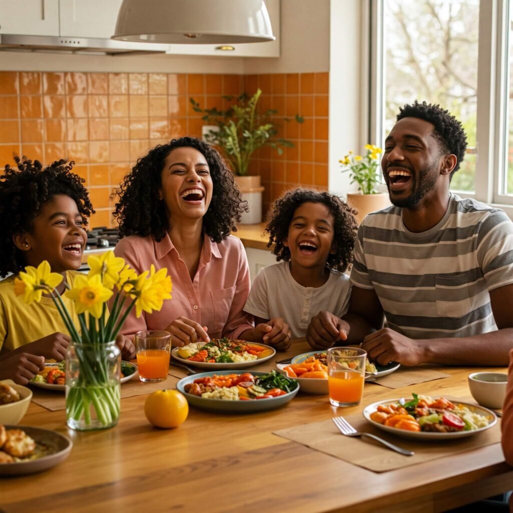 Family laughing at the dinner table.