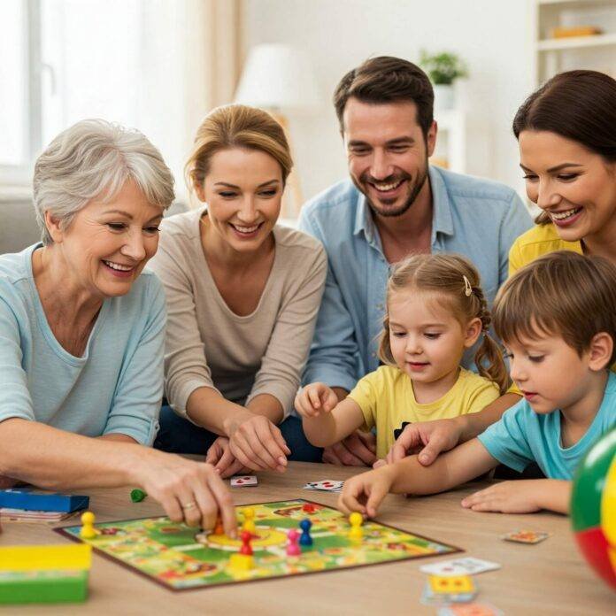 Family playing various games together, smiling. Family playing various games together, smiling.