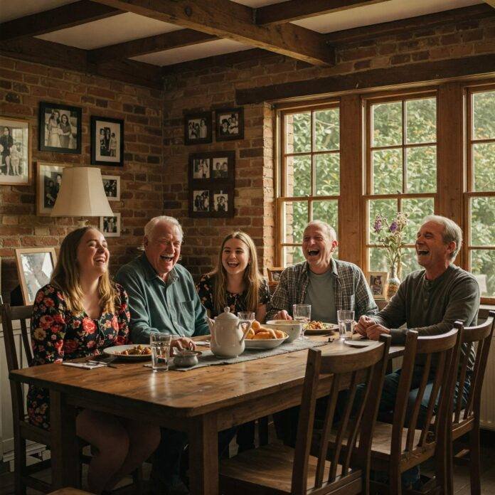 Multi-generational family hugging and laughing in living room Multi-generational family hugging and laughing in living room