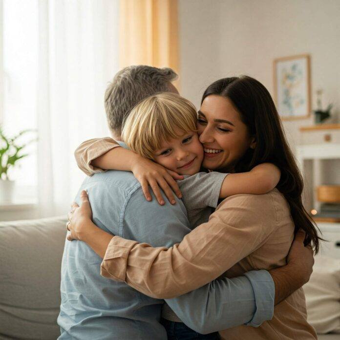 Child hugging parents Child hugging parents