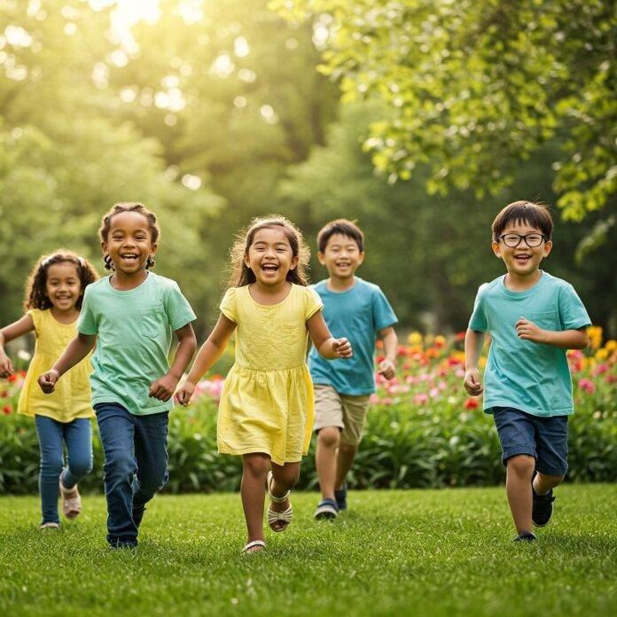 Diverse kids playing in a park Diverse kids playing in a park