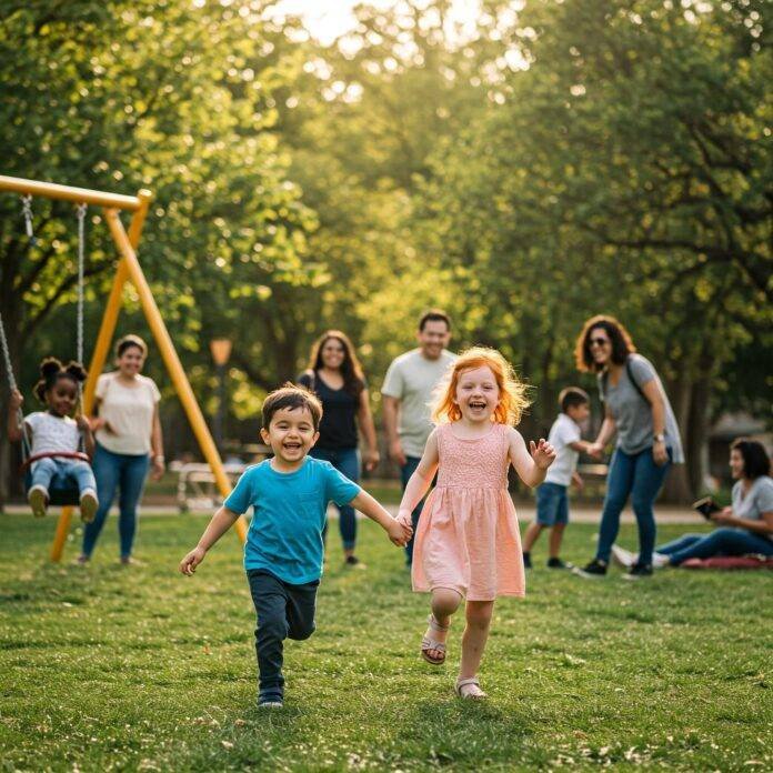 Diverse kids playing in a park with parents, Diverse kids playing in a park with parents,