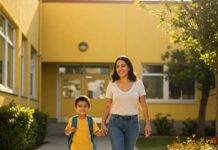 How to Handle Back-to-School Stress Like a Parenting Pro Parent and child embracing with school background