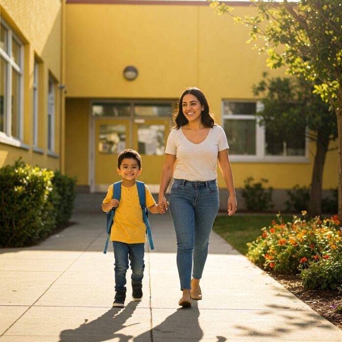 Parent and child embracing with school background Parent and child embracing with school background