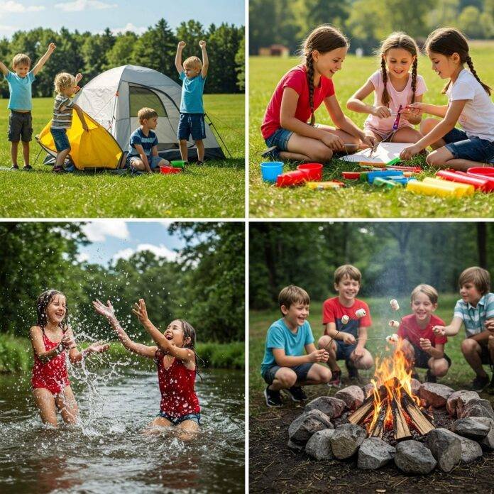 Kids enjoying outdoor activities, camping, crafting, and playing Kids enjoying outdoor activities, camping, crafting, and playing
