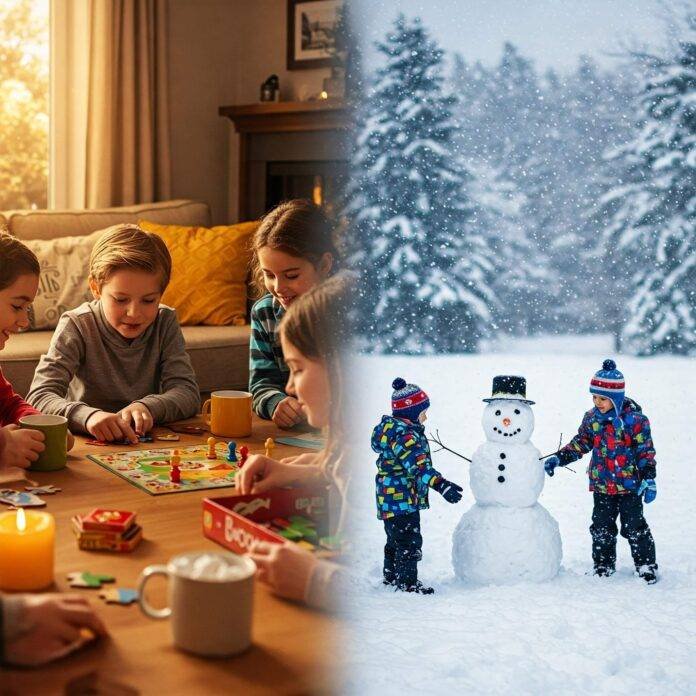 Kids enjoying snow day activities indoors and outdoors Kids enjoying snow day activities indoors and outdoors