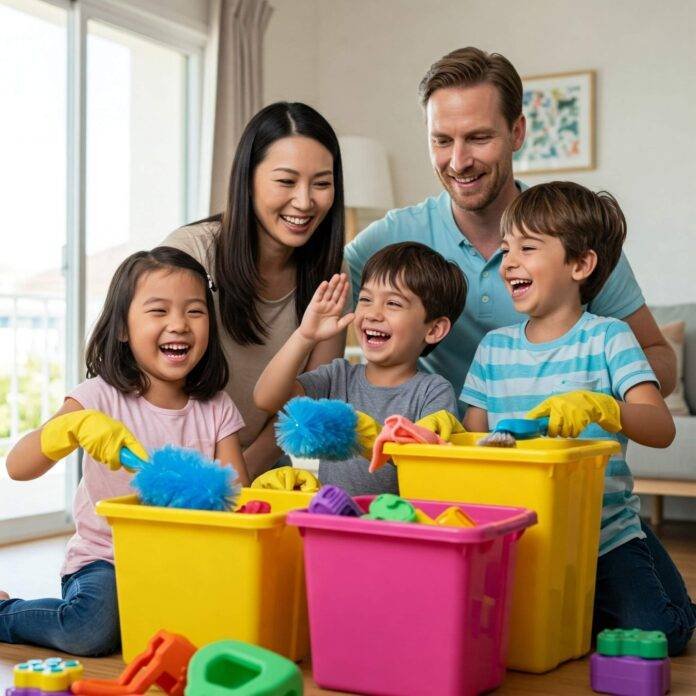 Family having fun spring cleaning with kids Family having fun spring cleaning with kids