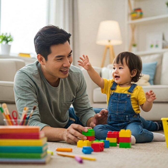 Parent and toddler learning together. Parent and toddler learning together.