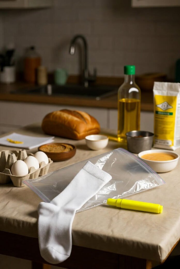 "Chaotic kitchen table with a lone white sock dramatically escaping a plastic bag next to a bright yellow highlighter, surrounded by bread, eggs, and cooking ingredients." "Chaotic kitchen table with a lone white sock dramatically escaping a plastic bag next to a bright yellow highlighter, surrounded by bread, eggs, and cooking ingredients."