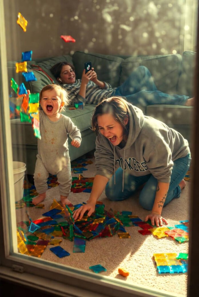 "Frazzled parent in old hoodie kneels amid scattered magnetic tiles while toddler joyfully dumps more from a bucket and teen scrolls TikTok on the couch." "Frazzled parent in old hoodie kneels amid scattered magnetic tiles while toddler joyfully dumps more from a bucket and teen scrolls TikTok on the couch."