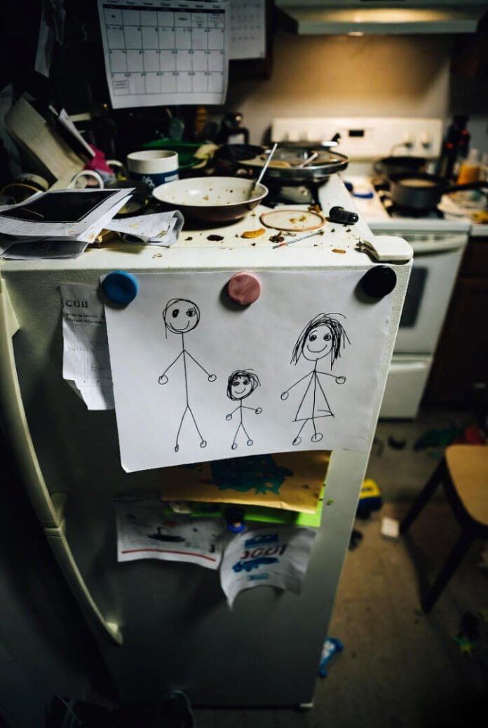 cluttered kitchen counter with dirty dishes, pots, and food scraps in the foreground, while a child's lopsided crayon drawing of a family is taped at eye level on the fridge door." cluttered kitchen counter with dirty dishes, pots, and food scraps in the foreground, while a child's lopsided crayon drawing of a family is taped at eye level on the fridge door."
