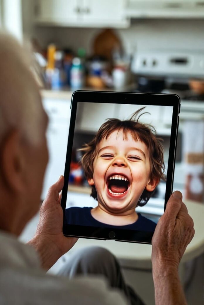 Elderly hands unsteadily hold iPad displaying child's big laughing expression. Elderly hands unsteadily hold iPad displaying child's big laughing expression.