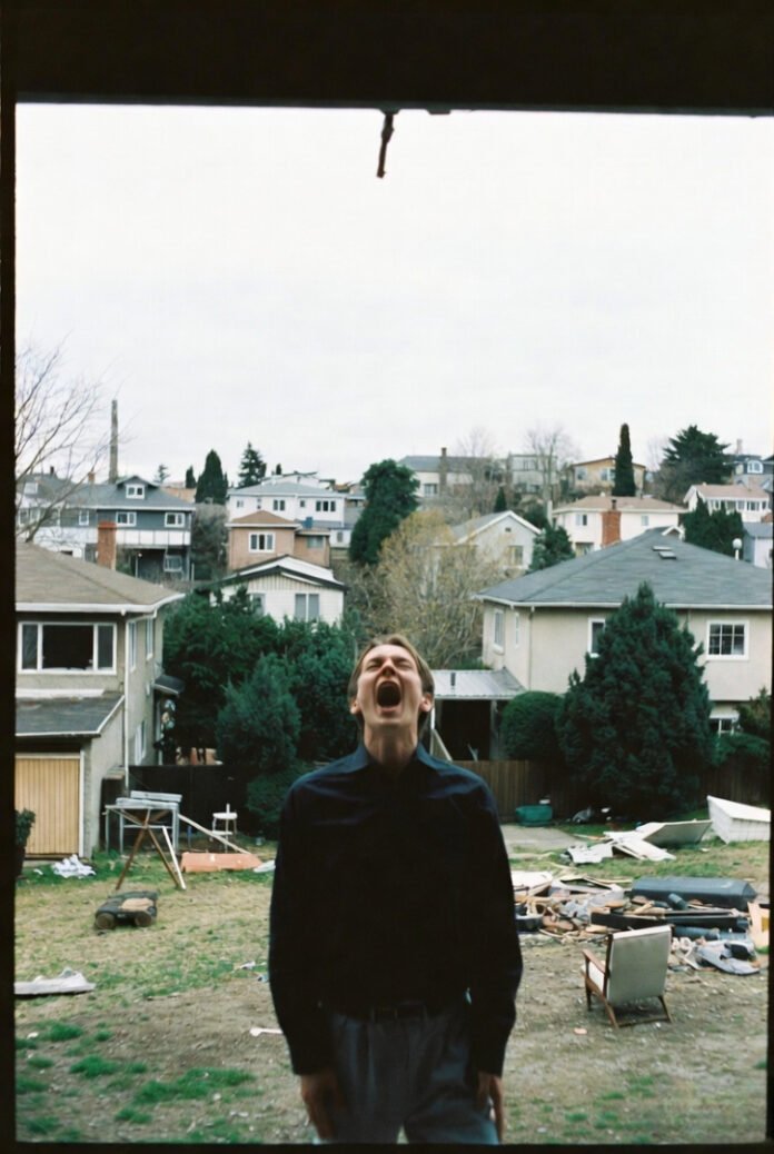 Person screaming upward, arm outstretched with phone, suburban backyard chaos, off-kilter shot. Person screaming upward, arm outstretched with phone, suburban backyard chaos, off-kilter shot.